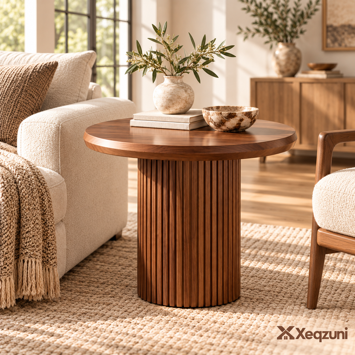 Xeqzuni™  Round Fluted Wood Accent Table