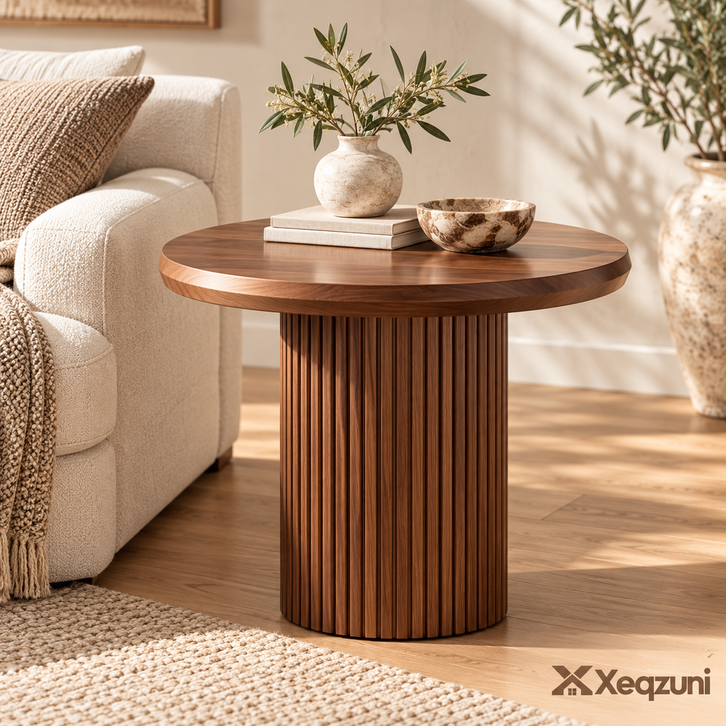 Xeqzuni™  Round Fluted Wood Accent Table