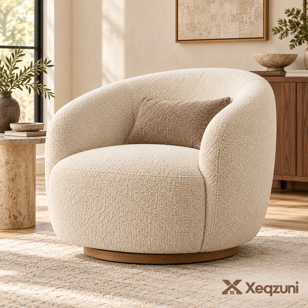 Xeqzuni™ Ivory Bouclé-Style Barrel Chair