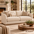 Xeqzuni™ Cream Upholstered Sofa with Wood-Tone Base