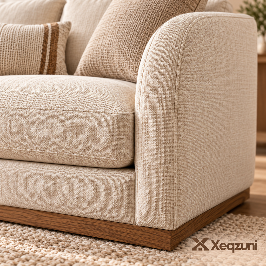 Xeqzuni™ Cream Upholstered Sofa with Wood-Tone Base