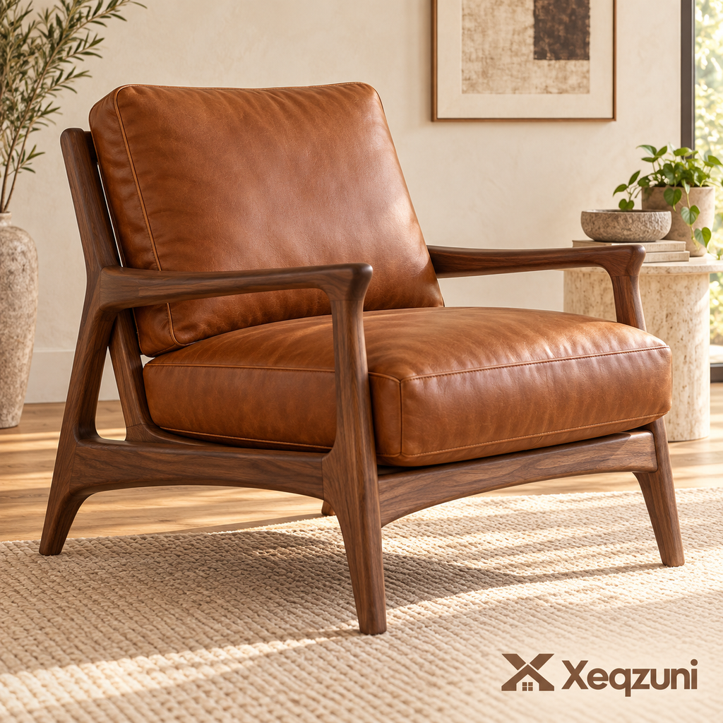 Xeqzuni™ Cognac Leather-Look Wood-Frame Accent Chair