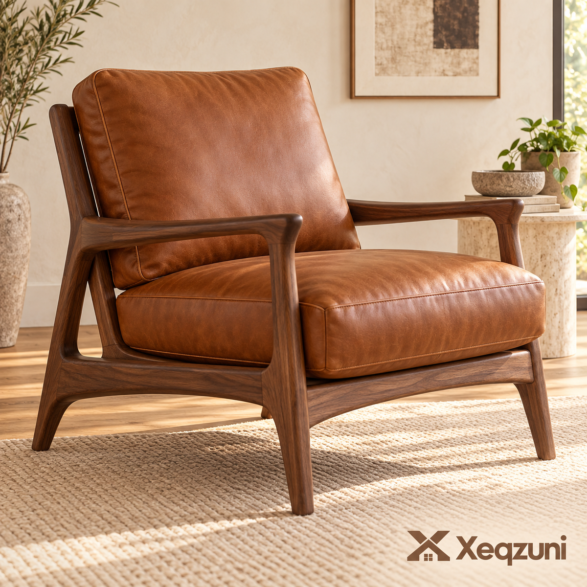 Xeqzuni™ Cognac Leather-Look Wood-Frame Accent Chair