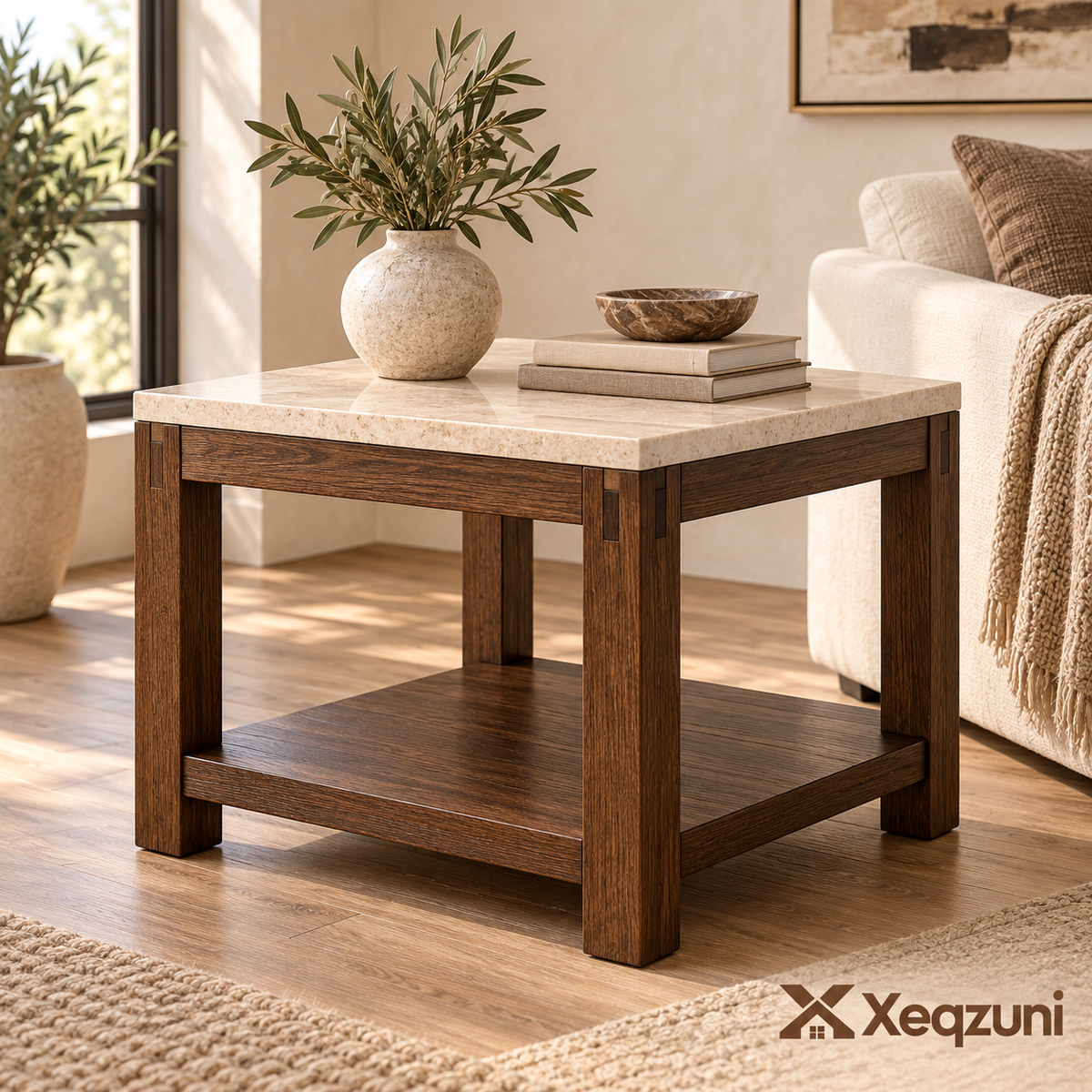 Xeqzuni™ Stone-Look Top End Table with Shelf