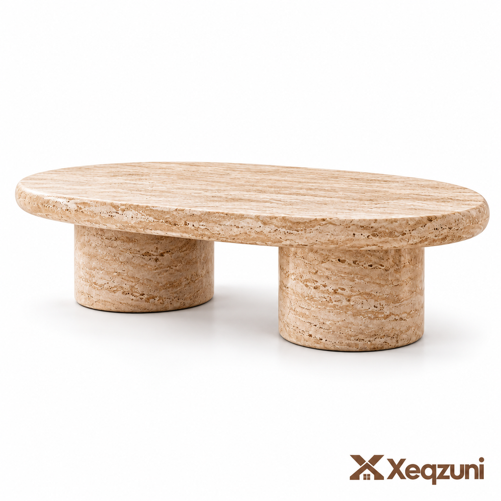 Xeqzuni™ Oval Coffee Table with Travertine-Look Finish