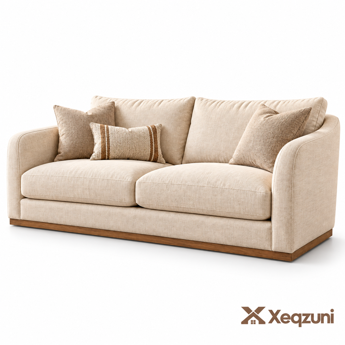 Xeqzuni™ Cream Upholstered Sofa with Wood-Tone Base