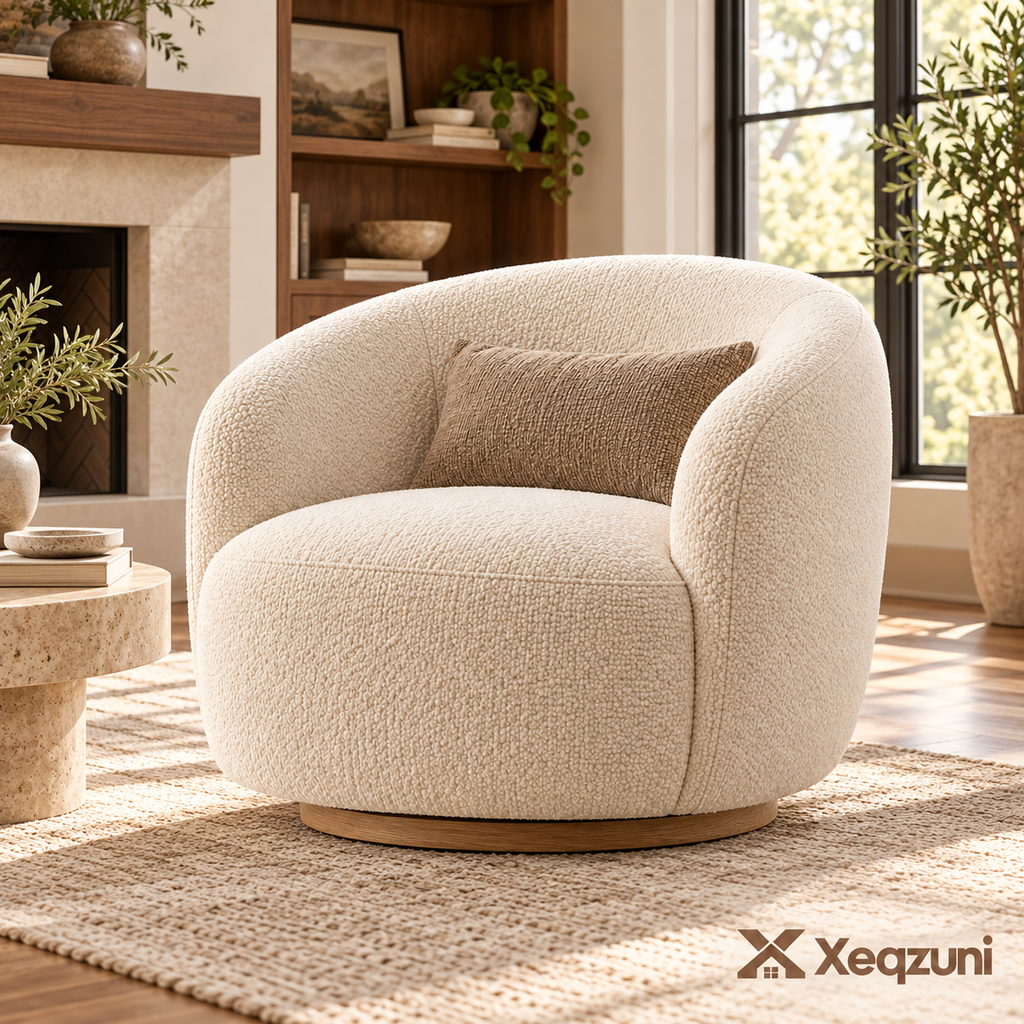 Xeqzuni™ Ivory Bouclé-Style Barrel Chair