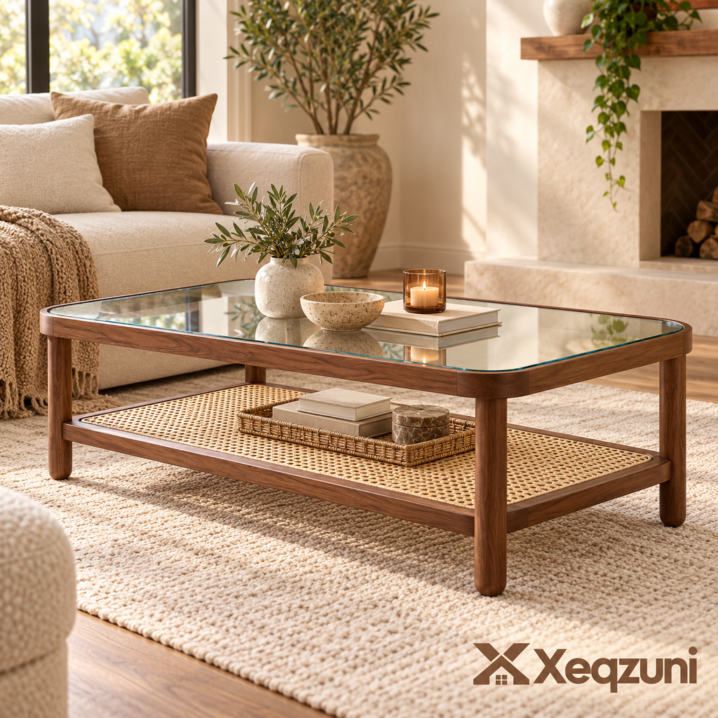 Xeqzuni™ Glass-Top Coffee Table with Cane Shelf