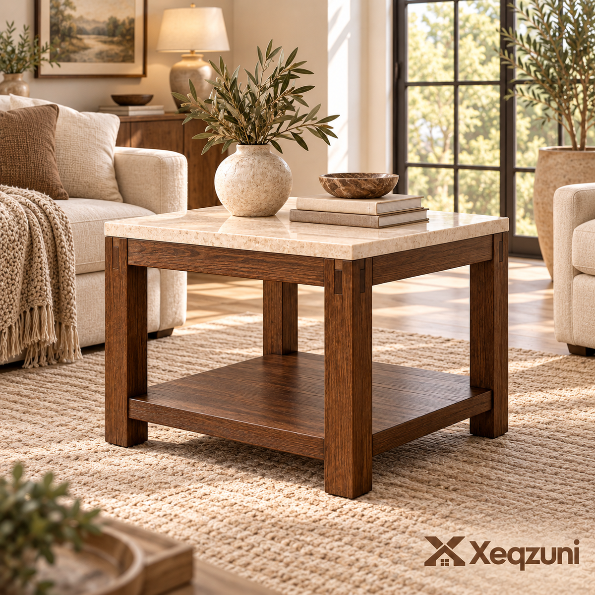 Xeqzuni™ Stone-Look Top End Table with Shelf