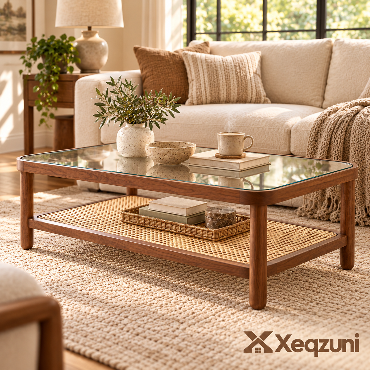 Xeqzuni™ Glass-Top Coffee Table with Cane Shelf