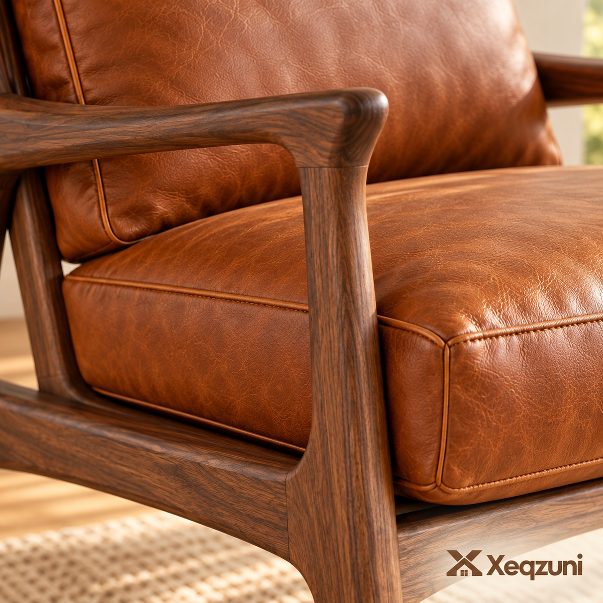Xeqzuni™ Cognac Leather-Look Wood-Frame Accent Chair