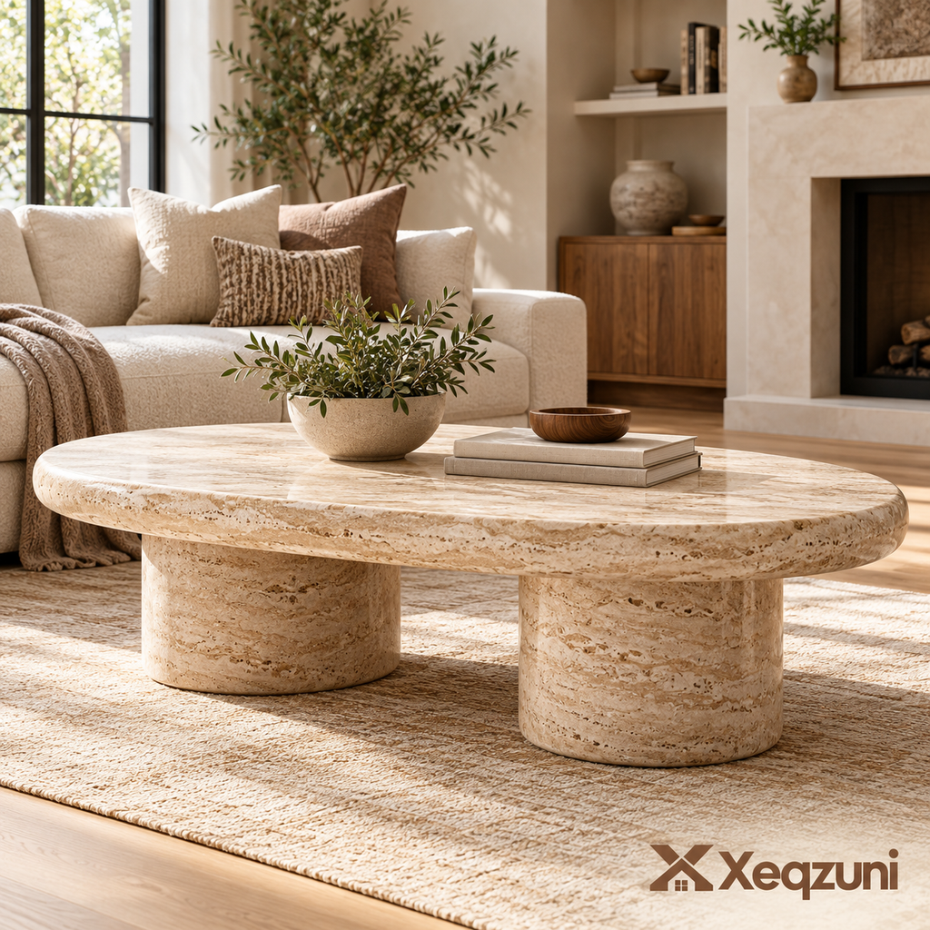 Xeqzuni™ Oval Coffee Table with Travertine-Look Finish