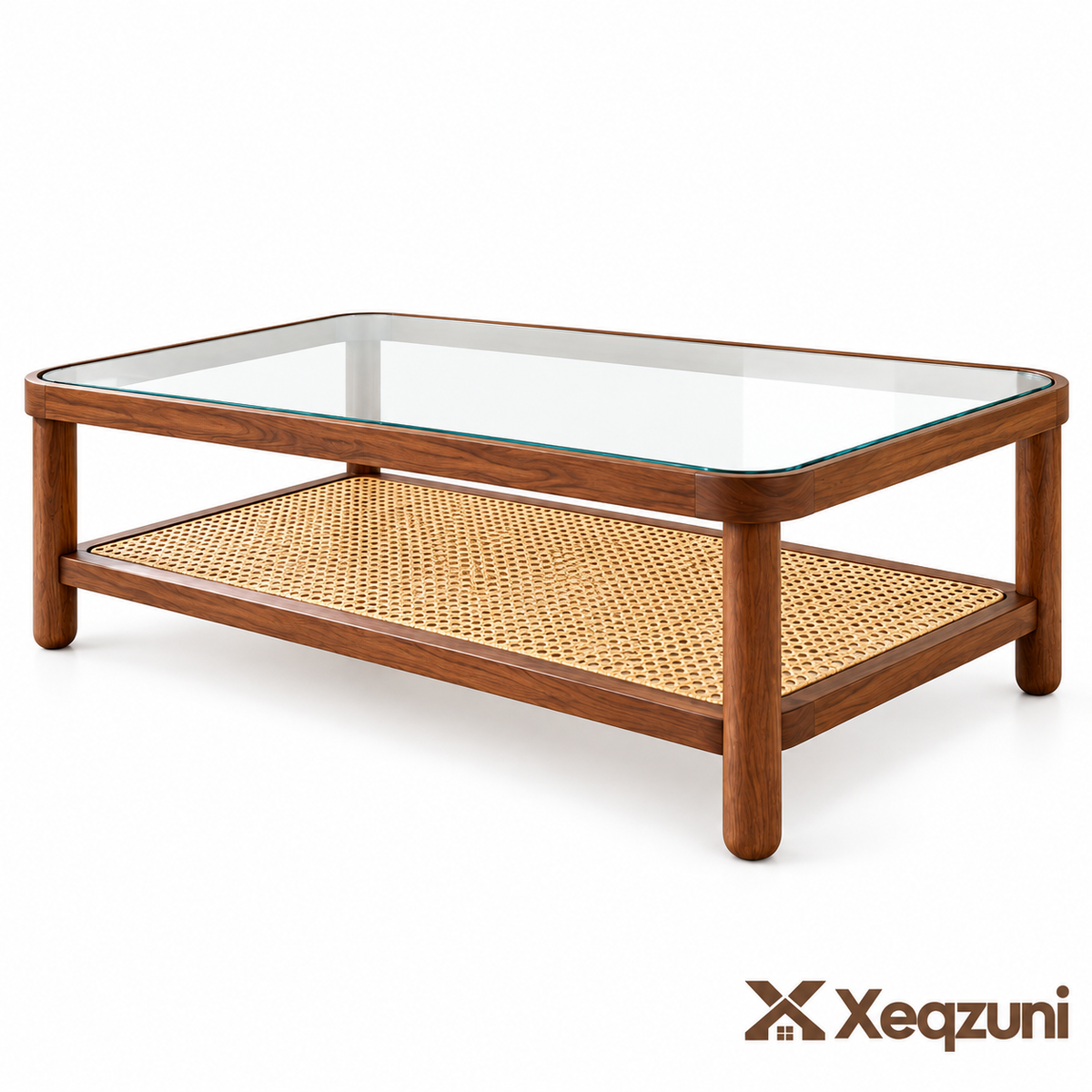 Xeqzuni™ Glass-Top Coffee Table with Cane Shelf