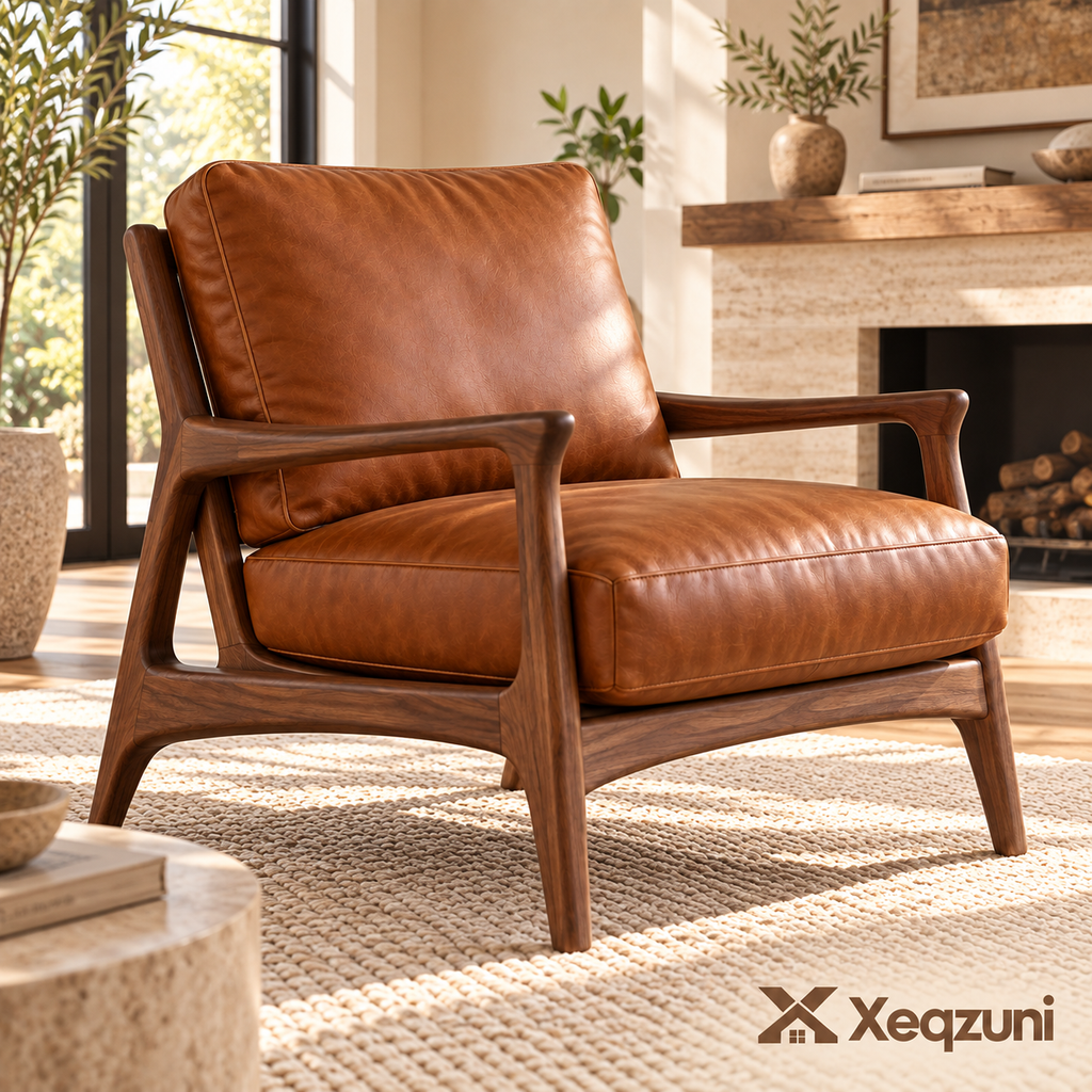Xeqzuni™ Cognac Leather-Look Wood-Frame Accent Chair
