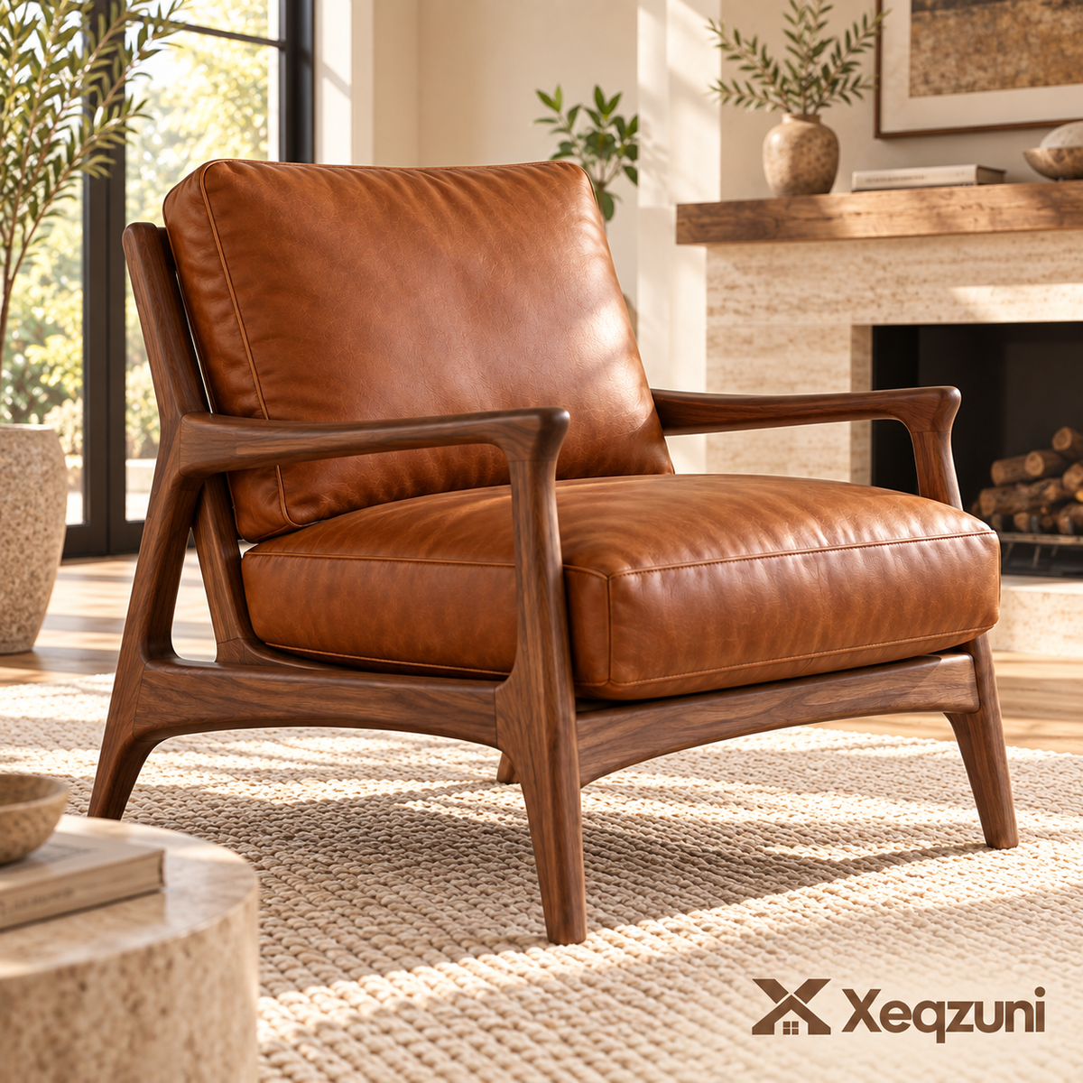Xeqzuni™ Cognac Leather-Look Wood-Frame Accent Chair