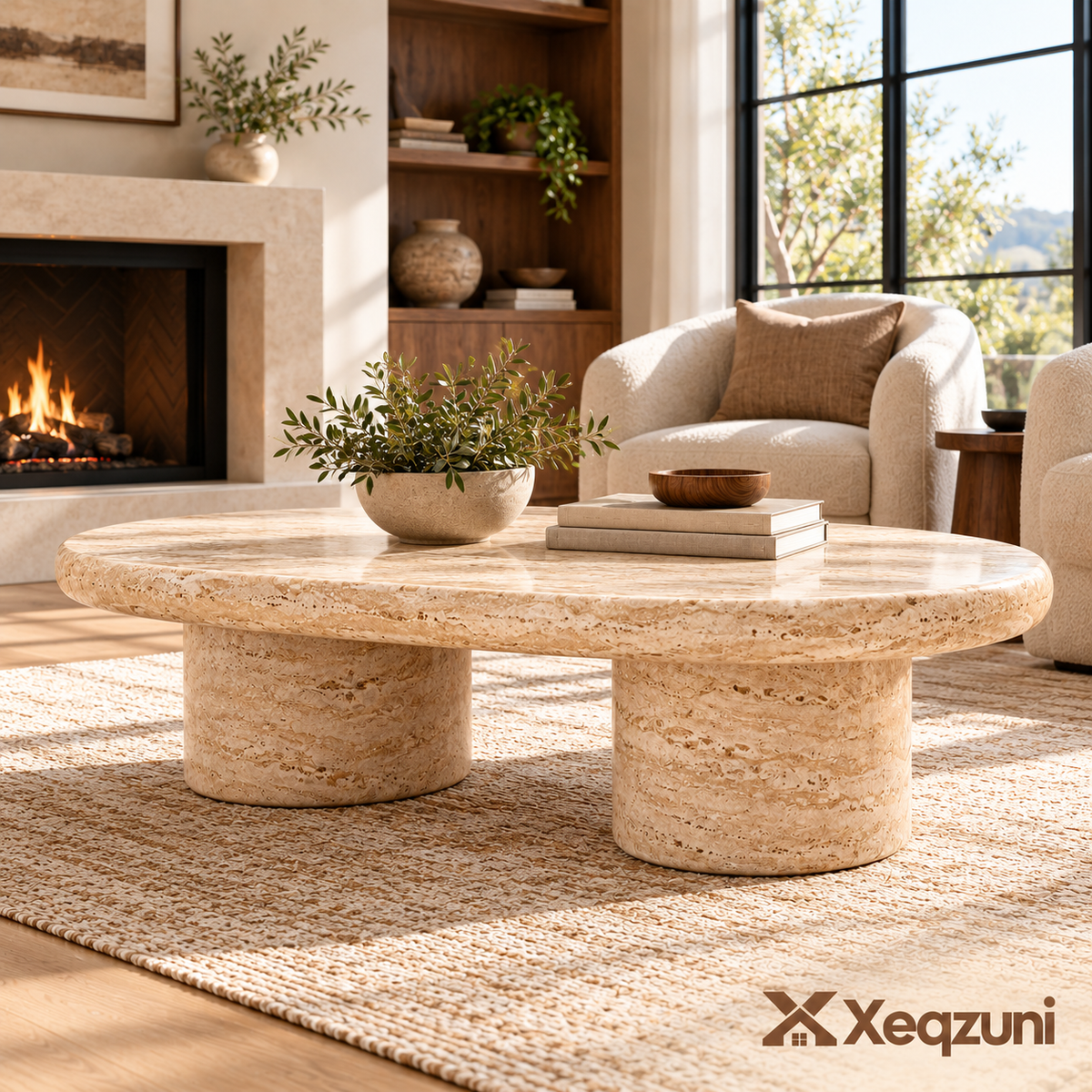 Xeqzuni™ Oval Coffee Table with Travertine-Look Finish