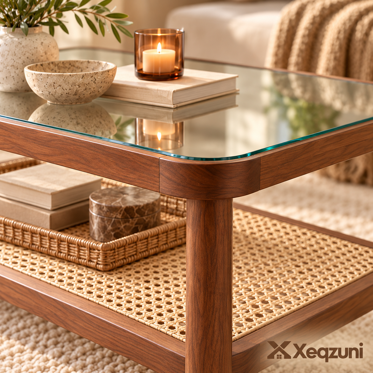 Xeqzuni™ Glass-Top Coffee Table with Cane Shelf