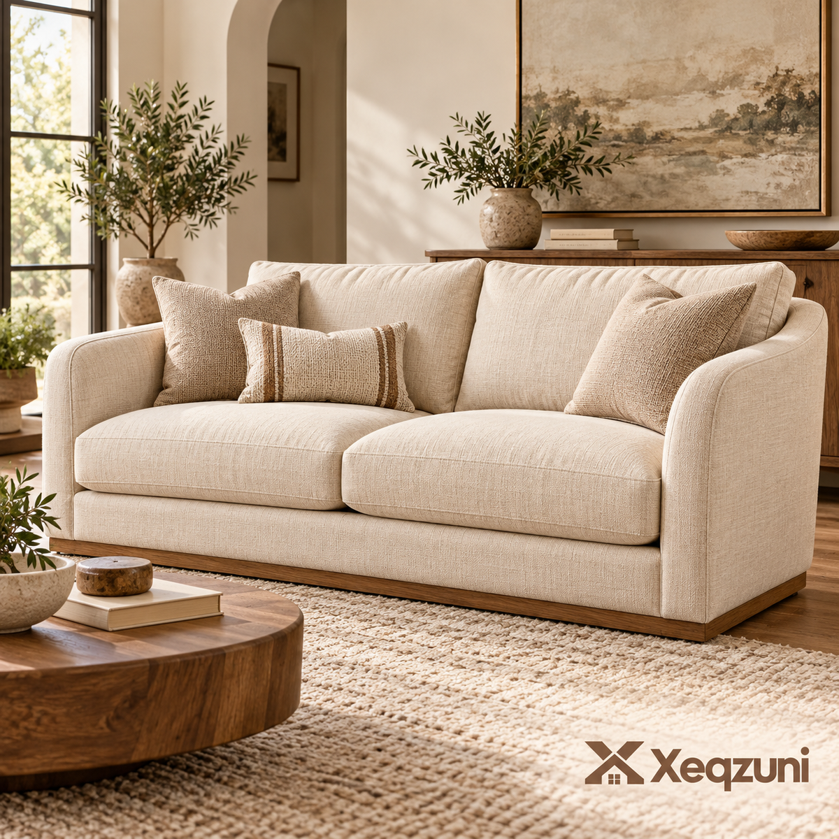 Xeqzuni™ Cream Upholstered Sofa with Wood-Tone Base