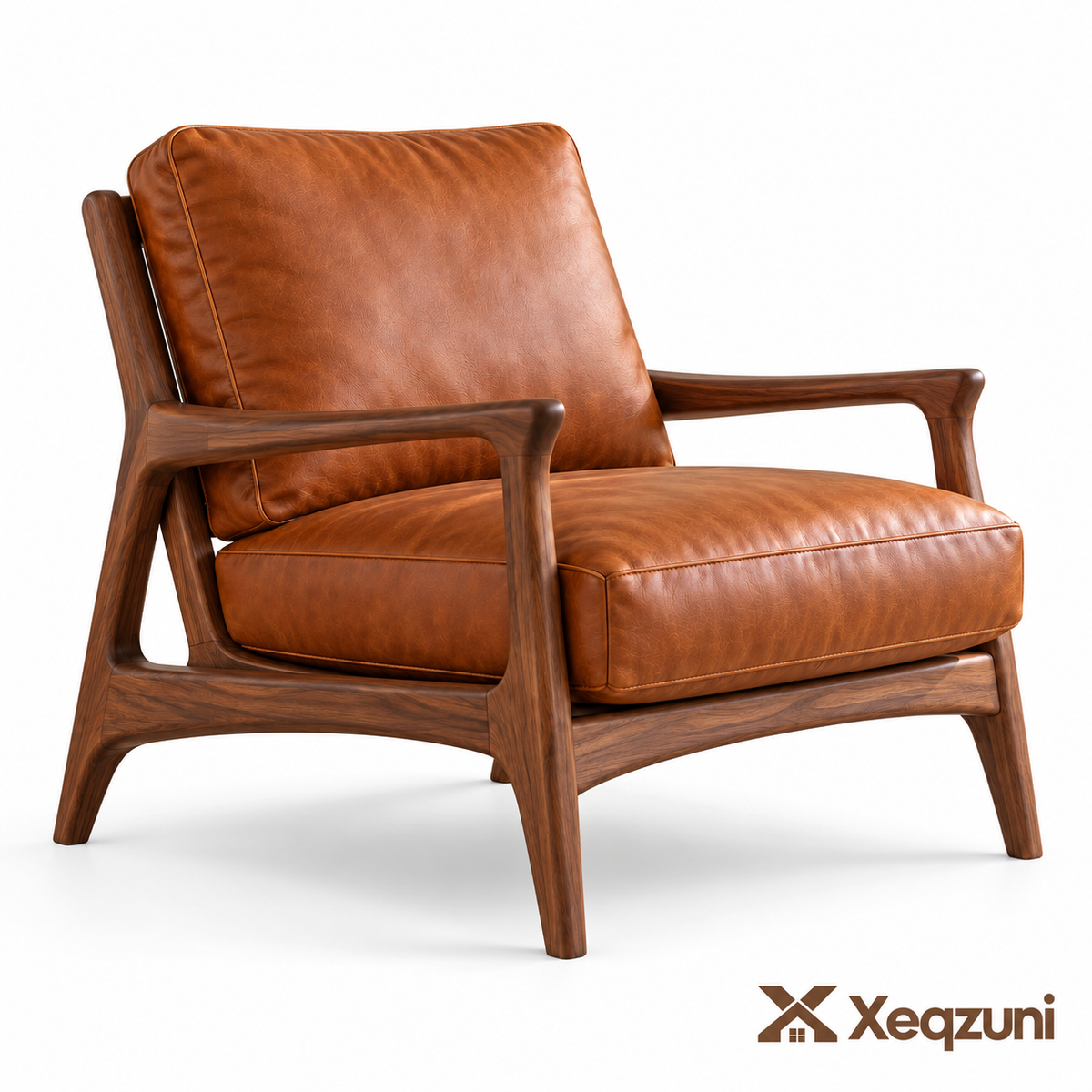 Xeqzuni™ Cognac Leather-Look Wood-Frame Accent Chair
